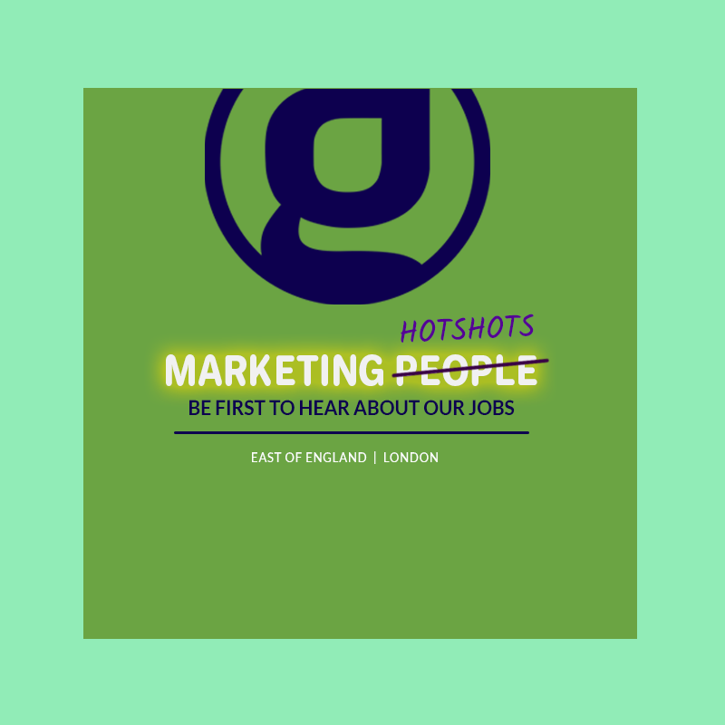 Social media recruitment advert that says "Marketing Hotshots. Be first to hear about our jobs." "Marketing people" appears before it then changes to "Marketing Shotshots."
