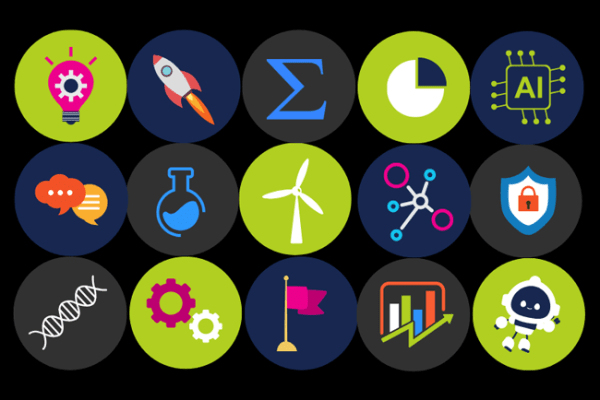 Icons representing finance, engineering and leadership subjects to promote UK summer camps and relevant careers advice